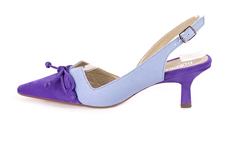 Violet purple women's open back shoes, with a knot. Tapered toe. Medium spool heels. Profile view - Florence KOOIJMAN